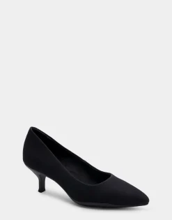 Comfortable Women's Point Toe Kitten Heel Pump in Black Stretch Gabardine Fabric