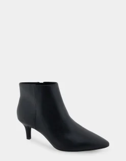 Comfortable Women's Point Toe Kitten Heel Bootie in Black Faux Leather