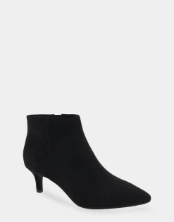 Comfortable Women's Point Toe Kitten Heel Bootie in Black Faux Suede