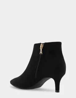 Comfortable Women's Point Toe Kitten Heel Bootie in Black Faux Suede