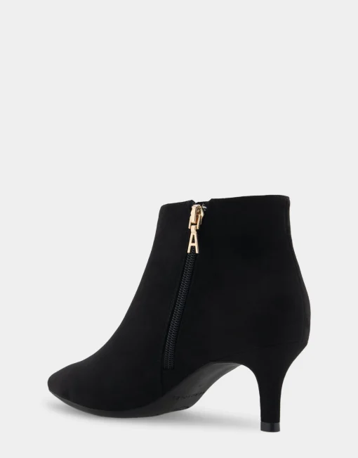 Comfortable Women's Point Toe Kitten Heel Bootie in Black Faux Suede