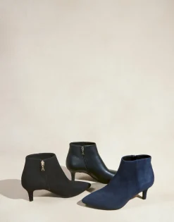 Comfortable Women's Point Toe Kitten Heel Bootie in Black Faux Suede