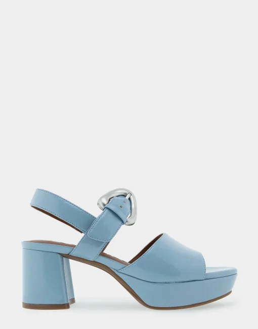 Comfortable Women's Quarter Strap Platform Sandal in Dusty Blue Patent Faux Leather