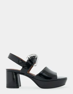Comfortable Women's Quarter Strap Platform Sandal in Black Patent Faux Leather