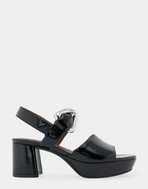Comfortable Women's Quarter Strap Platform Sandal in Black Patent Faux Leather