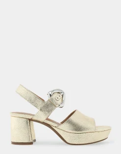 Comfortable Women's Quarter Strap Platform Sandal in Soft Gold Canvas Faux Leather Canvas Fabric