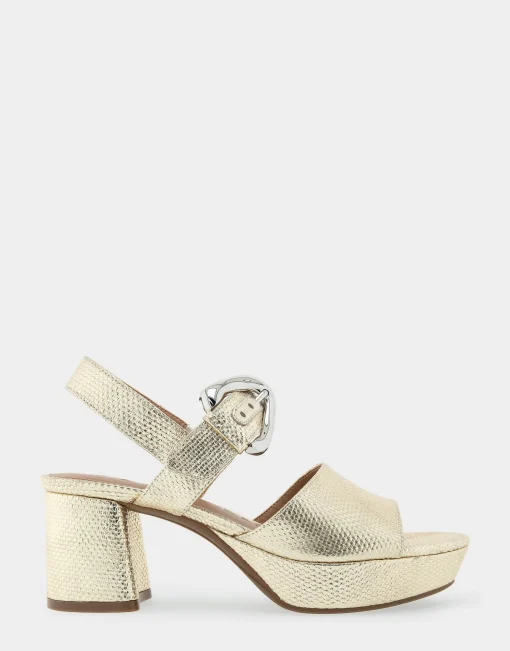 Comfortable Women's Quarter Strap Platform Sandal in Soft Gold Canvas Faux Leather Canvas Fabric