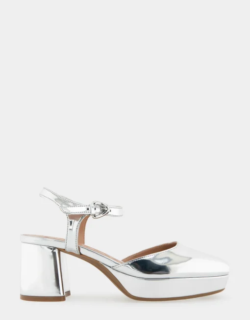 Comfortable Women's Quarter Strap Two Piece Platform Pump in Silver Mirror Metallic Faux Leather