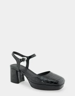 Comfortable Women's Quarter Strap Two Piece Platform Pump in Black Croco Faux Leather