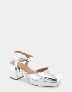 Comfortable Women's Quarter Strap Two Piece Platform Pump in Silver Mirror Metallic Faux Leather