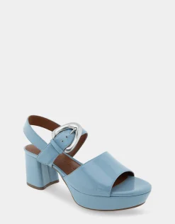Comfortable Women's Quarter Strap Platform Sandal in Dusty Blue Patent Faux Leather