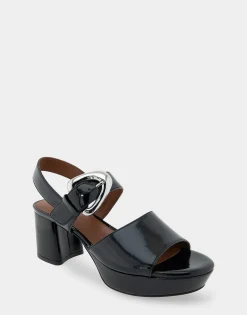 Comfortable Women's Quarter Strap Platform Sandal in Black Patent Faux Leather