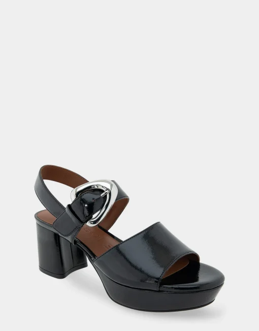 Comfortable Women's Quarter Strap Platform Sandal in Black Patent Faux Leather