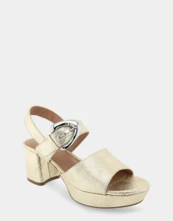 Comfortable Women's Quarter Strap Platform Sandal in Soft Gold Canvas Faux Leather Canvas Fabric