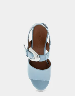 Comfortable Women's Quarter Strap Platform Sandal in Dusty Blue Patent Faux Leather