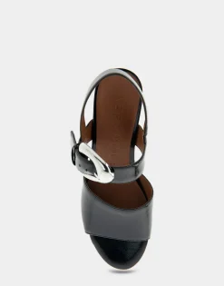 Comfortable Women's Quarter Strap Platform Sandal in Black Patent Faux Leather