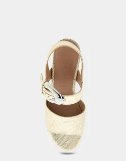 Comfortable Women's Quarter Strap Platform Sandal in Soft Gold Canvas Faux Leather Canvas Fabric