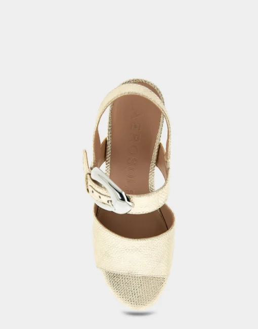 Comfortable Women's Quarter Strap Platform Sandal in Soft Gold Canvas Faux Leather Canvas Fabric