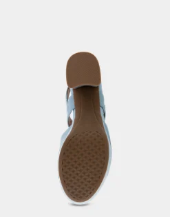 Comfortable Women's Quarter Strap Platform Sandal in Dusty Blue Patent Faux Leather