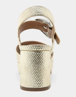 Comfortable Women's Quarter Strap Platform Sandal in Soft Gold Canvas Faux Leather Canvas Fabric