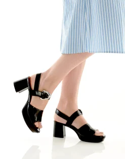 Comfortable Women's Quarter Strap Platform Sandal in Black Patent Faux Leather