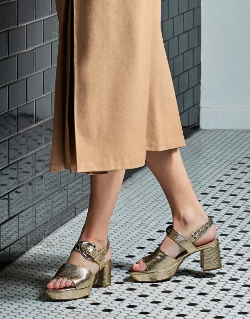 Comfortable Women's Quarter Strap Platform Sandal in Soft Gold Canvas Faux Leather Canvas Fabric