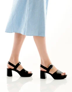 Comfortable Women's Quarter Strap Platform Sandal in Black Patent Faux Leather