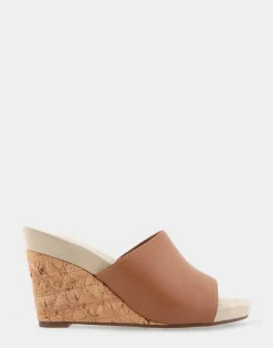 Comfortable Women's Quilted Heel Footbed Wedge Slide in Tan Faux Leather