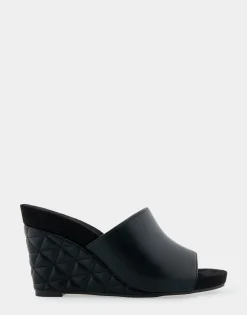 Comfortable Women's Quilted Heel Footbed Wedge Slide in Black Faux Leather
