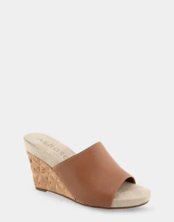 Comfortable Women's Quilted Heel Footbed Wedge Slide in Tan Faux Leather