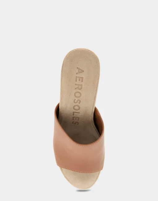 Comfortable Women's Quilted Heel Footbed Wedge Slide in Tan Faux Leather
