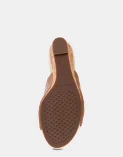 Comfortable Women's Quilted Heel Footbed Wedge Slide in Tan Faux Leather
