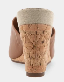 Comfortable Women's Quilted Heel Footbed Wedge Slide in Tan Faux Leather