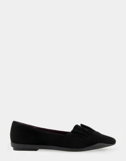 Comfortable Women's Ruffled Point Toe Flat in Black Genuine Suede