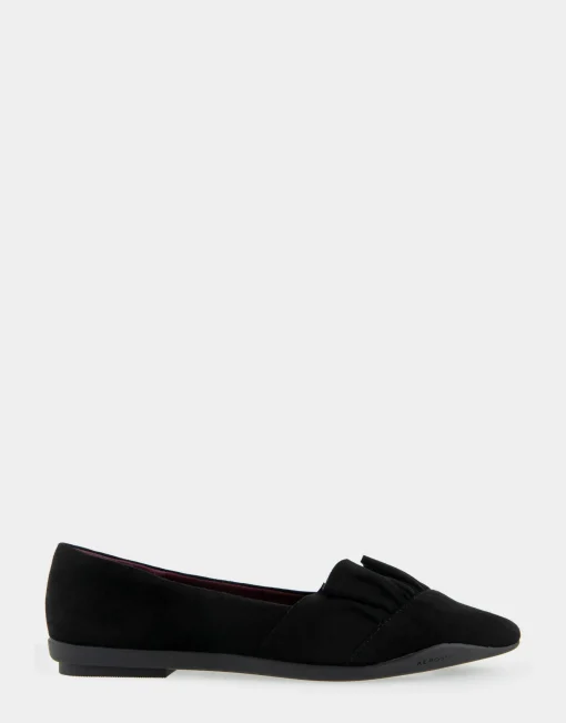 Comfortable Women's Ruffled Point Toe Flat in Black Genuine Suede