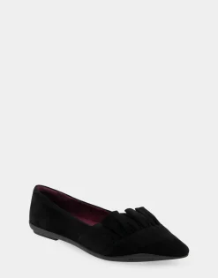 Comfortable Women's Ruffled Point Toe Flat in Black Genuine Suede