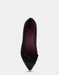 Comfortable Women's Ruffled Point Toe Flat in Black Genuine Suede