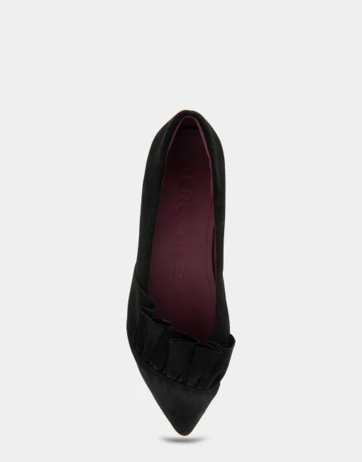 Comfortable Women's Ruffled Point Toe Flat in Black Genuine Suede