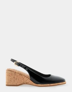 Comfortable Women's Sculpted Wedge Slingback in Black Patent Faux Leather