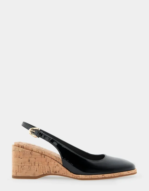 Comfortable Women's Sculpted Wedge Slingback in Black Patent Faux Leather