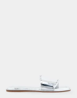 Comfortable Women's Single Band Slide Sandal in Silver Mirror Metallic Leather