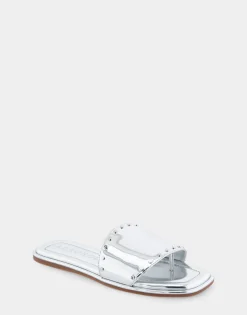 Comfortable Women's Single Band Slide Sandal in Silver Mirror Metallic Leather
