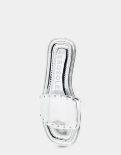 Comfortable Women's Single Band Slide Sandal in Silver Mirror Metallic Leather