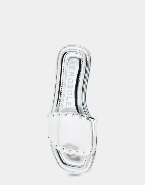 Comfortable Women's Single Band Slide Sandal in Silver Mirror Metallic Leather