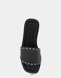 Comfortable Women's Single Band Slide Sandal in Black Leather