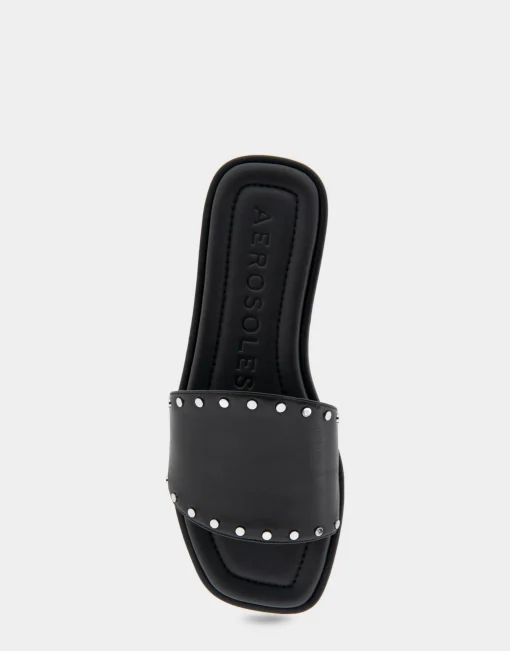 Comfortable Women's Single Band Slide Sandal in Black Leather