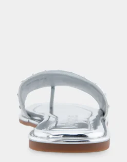 Comfortable Women's Single Band Slide Sandal in Silver Mirror Metallic Leather