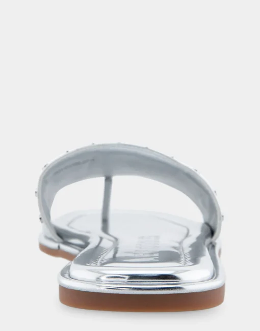 Comfortable Women's Single Band Slide Sandal in Silver Mirror Metallic Leather