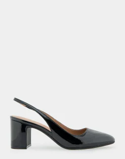 Comfortable Women's Slingback Mid-heel Pump in Black Patent Faux Leather