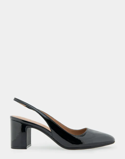 Comfortable Women's Slingback Mid-heel Pump in Black Patent Faux Leather